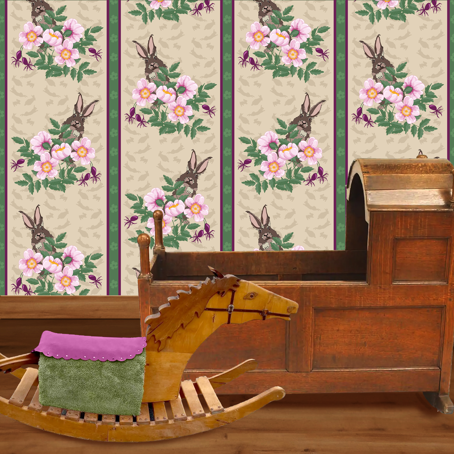 The artwork depicts a stylized brown hare partially concealed behind a cluster of green leaves and pink flowers with yellow centers. The background is dark green with subtle leafy patterns. Two vertical stripes—one dark purple and one green with small floral motifs—run along the left side, contrasting with the otherwise naturalistic elements. The composition balances the lively flora and fauna with a decorative, patterned design. The wallpaper design is shown in a Mission style nursery.